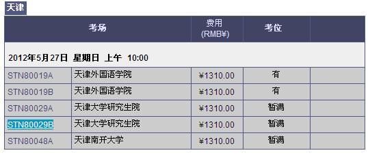 2012年5月新GRE天津考位情况