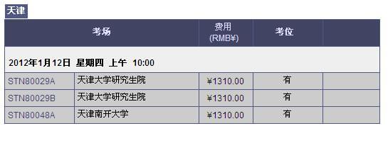 2012年1月新GRE天津考位情况