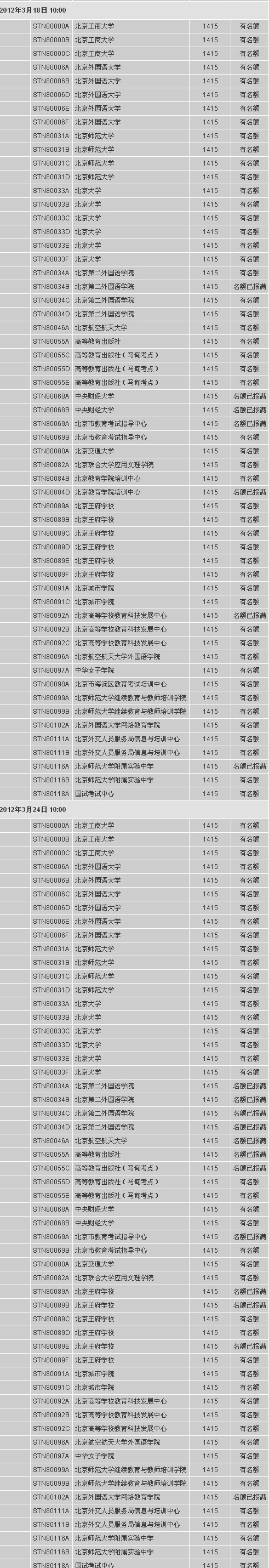 北京3月份考位