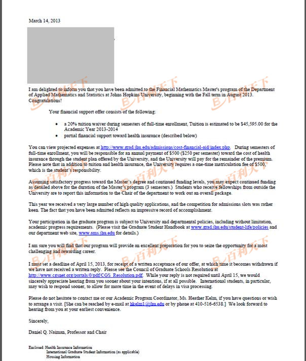 约翰霍普金斯大学金融工程专业offer