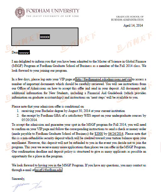福特汉姆大学金融专业硕士OFFER