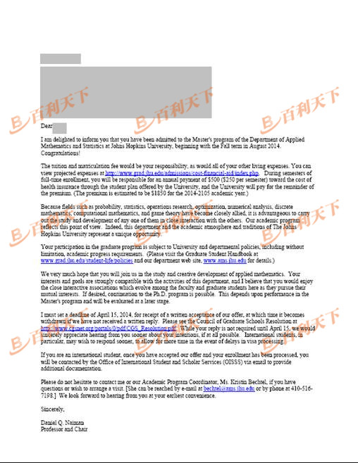 约翰霍普金斯大学 统计专业硕士offer