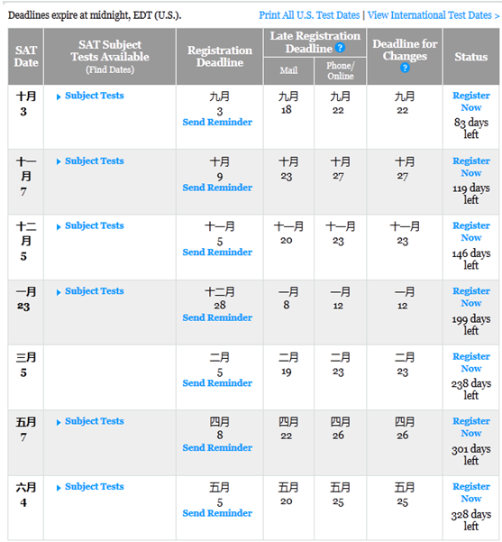 SAT 2015-2016年考试时间